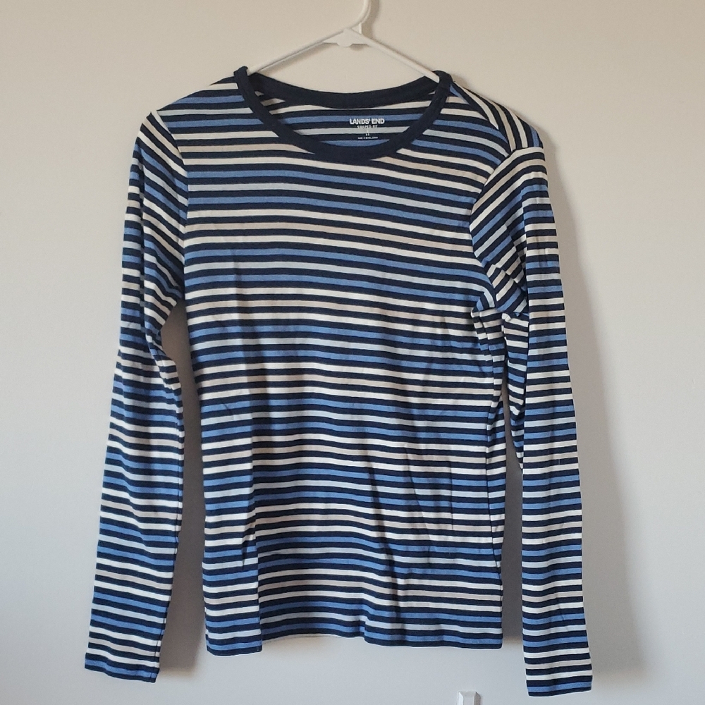 Land's End Navy, Blue, and White Striped Long Sleeve Tee Women's Size Small